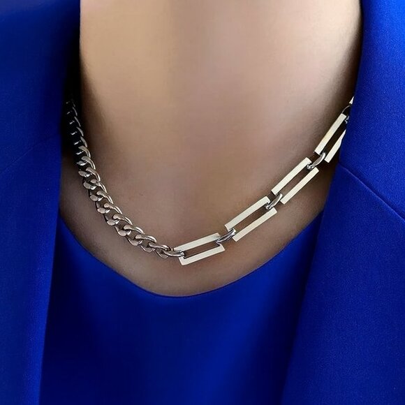 🆕️Minimalist Cuban Chain Necklace 18K White Gold Plated Stainless Steel Modern - Picture 1 of 13